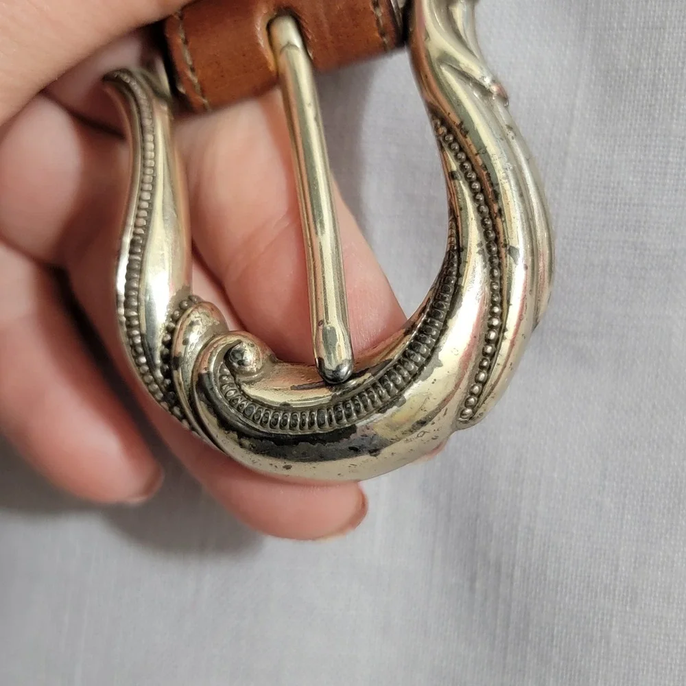 Brown Mock‎ Croc Leather Western Belt Silver Ornate 3pc Buckle Set USA M